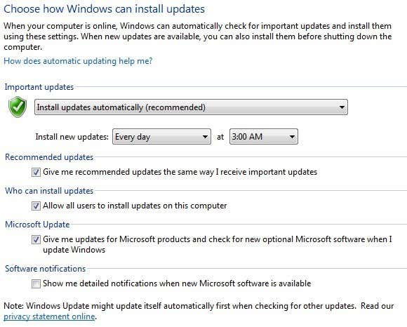 actualización de windows del panel de control