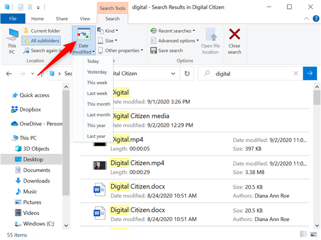 Affinez votre recherche en fonction de la dernière modification de l'article que vous recherchez