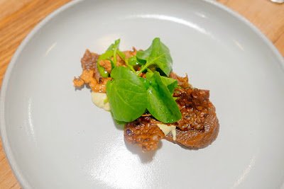 Farm Spirit Dinner in February 2016 - all vegan fine dining, this is Sunchoke pureed flesh and crispy skins, watercress pudding and fermented sunflower seed puree