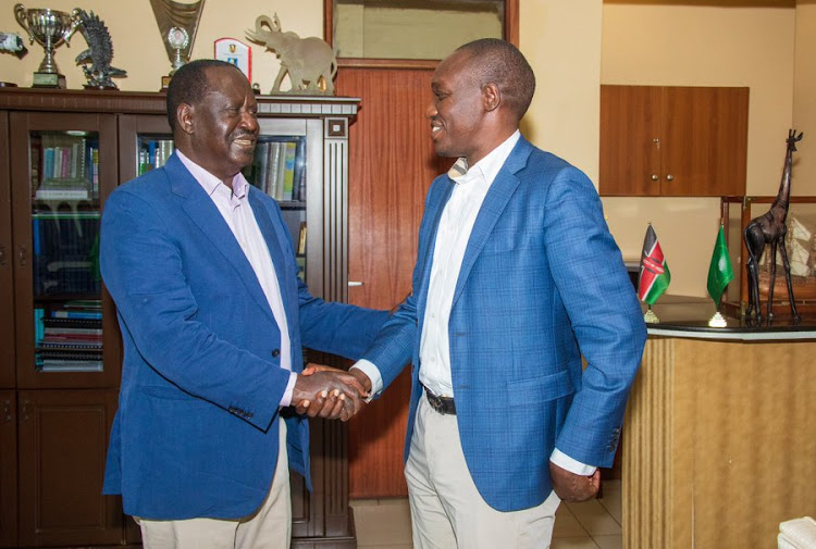 ODM leader Raila Odinga and Kisii Governor Simba Arati iat the former's Nairobi office on February 27, 2024.