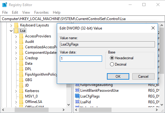 Дважды щелкните LsaCfgFlags DWORD и измените его значение в соответствии с