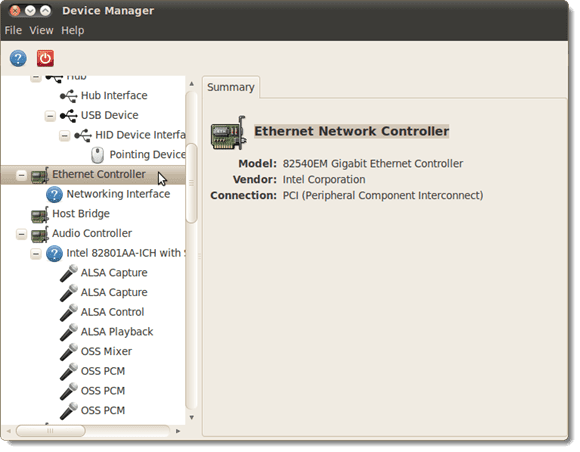 Het hoofdvenster van GNOME Device Manager