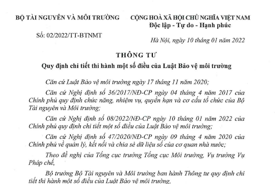 THÔNG TƯ 02/2022/TT-BTNMT NGÀY 10/01/2022 HƯỚNG DẪN LUẬT BẢO VỆ MÔI TRƯỜNG DO BỘ TRƯỞNG BỘ TÀI NGUYÊN VÀ MÔI TRƯỜNG BAN HÀNH