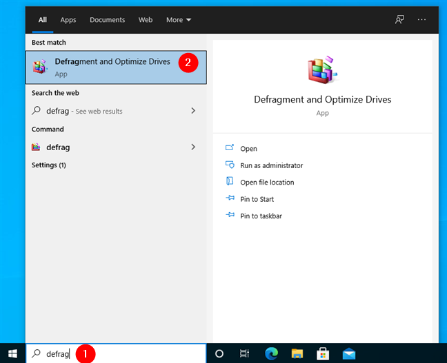 Rechercher le défragmenteur de disque dans Windows 10