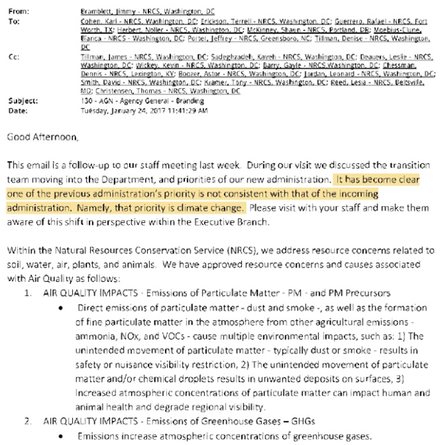 Email to senior USDA employees on 24 January 2017, just days after Trump’s inauguration, Jimmy Bramblett, deputy chief for programs at the NRCS, said: “It has become clear one of the previous administration’s priority is not consistent with that of the incoming administration. Namely, that priority is climate change. Please visit with your staff and make them aware of this shift in perspective within the executive branch.” Graphic: USDA / The Guardian