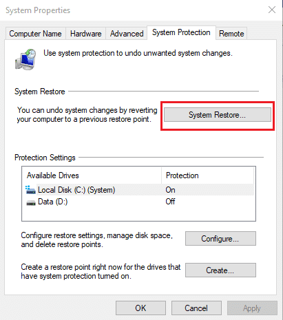 Passare alla finestra di protezione del sistema e fare clic sul pulsante Ripristino configurazione di sistema