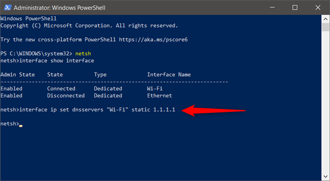 รันคำสั่ง ip set dnsservers ของอินเตอร์เฟสเพื่อตั้งค่าเซิร์ฟเวอร์ DNS ใหม่