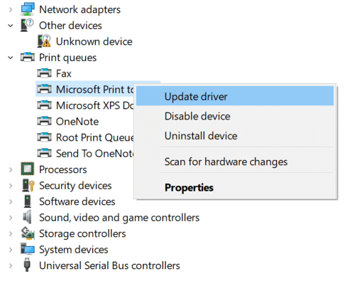 Haga clic derecho en la impresora seleccionada y seleccione Actualizar controlador
