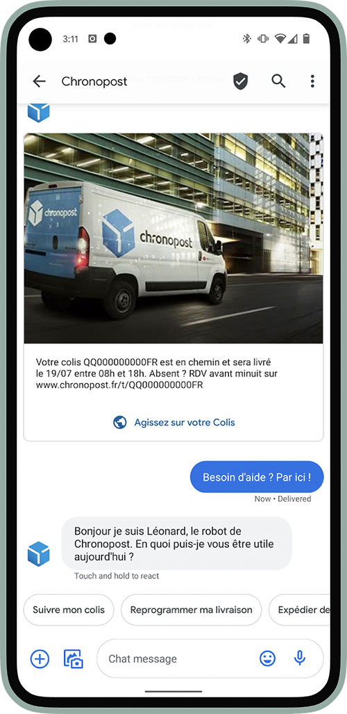 Chronopost’s RCS Business Messaging bot, Léonard, resolves customer issues.