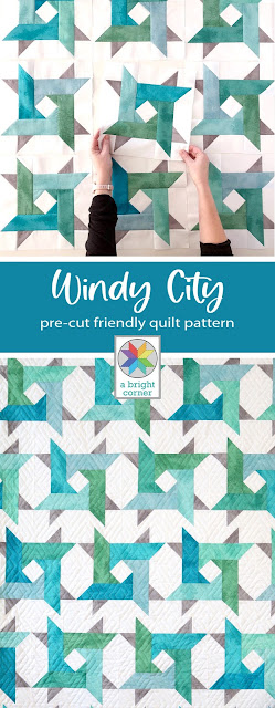 Windy City pattern by Andy of A Bright Corner is a modern twist on a star quilt.  Pre-cut friendly and perfect for using jelly roll strips, layer cake squares, fat quarters, or yardage. Has four size: crib, throw, twin, queen