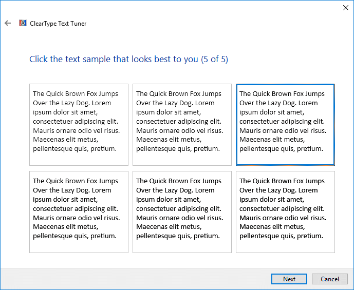 ClearType Text Tuner ti chiederà di ripetere i passaggi precedenti con un blocco di testo diverso