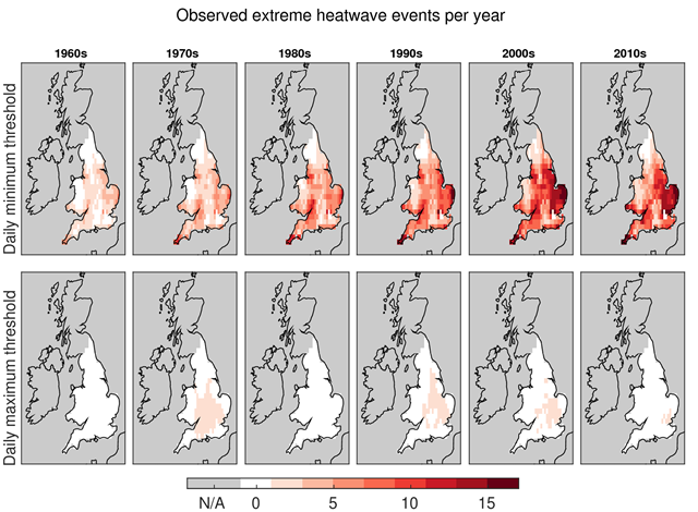 Average number of days above the minimum and maximum heat thresholds per year in the UK. Graphic: National Centre for Atmospheric Science / University of Reading