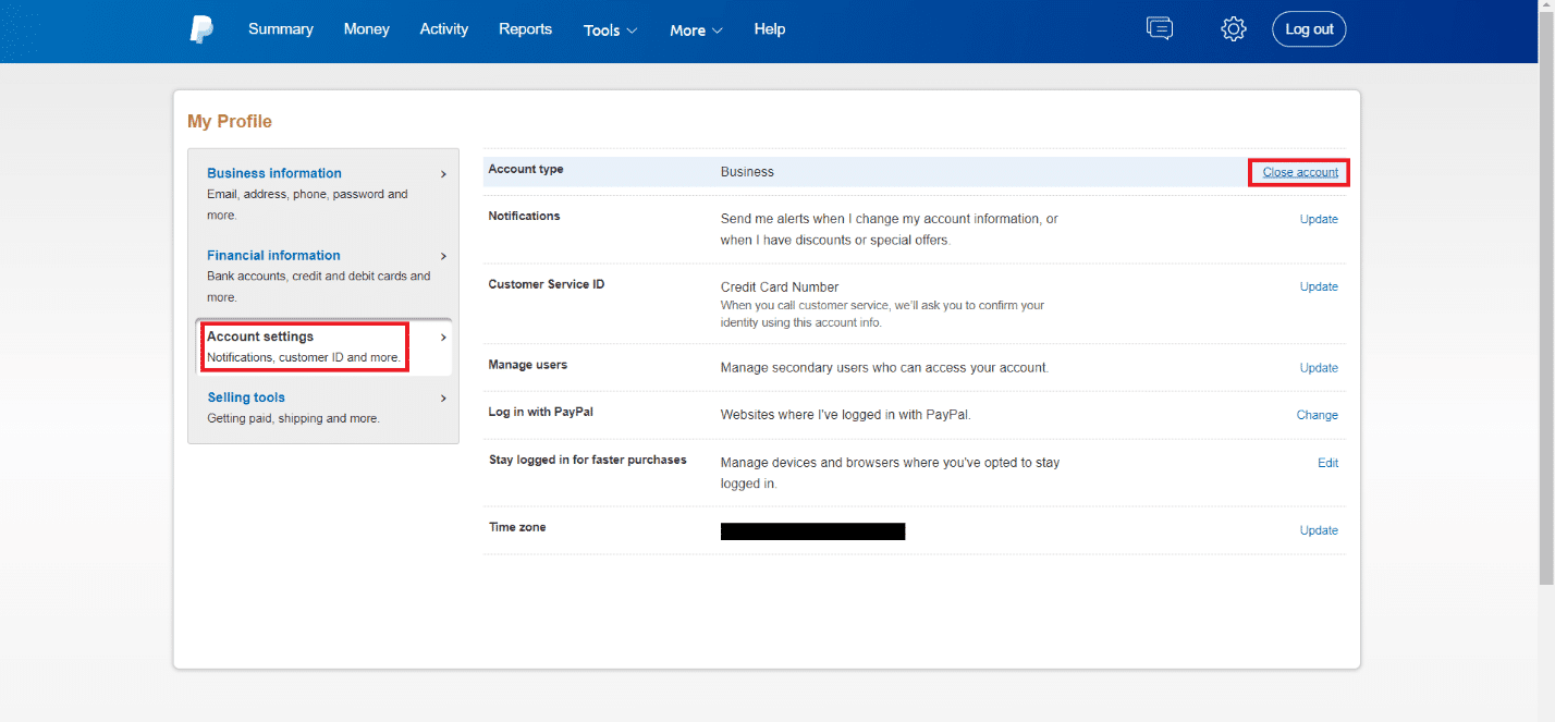 seleccione la configuración de la cuenta y luego haga clic en cerrar cuenta