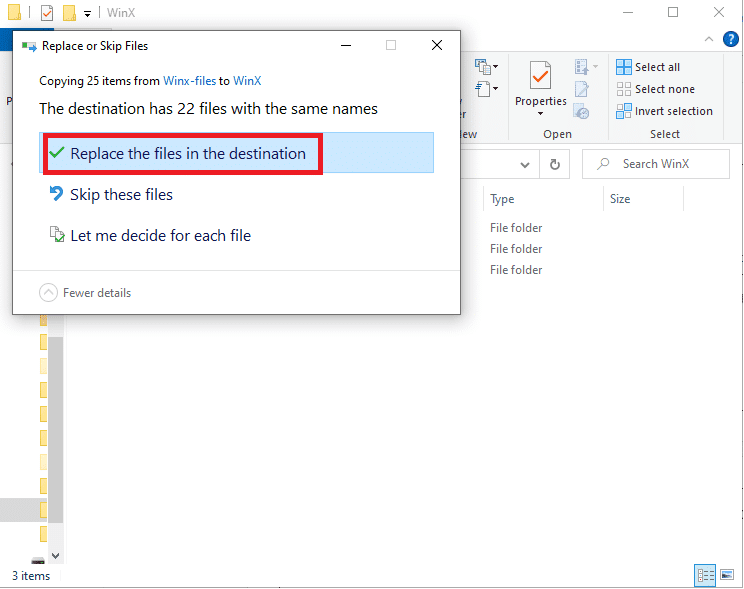 Выберите замену файлов в месте назначения