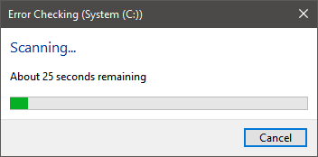 Průběh skenování nástroje Windows 10 Error Checking