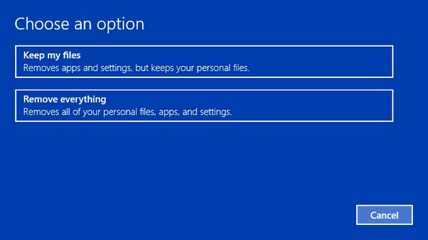 zvolte buď Ponechat moje soubory nebo Odebrat vše |  jak resetovat Windows 10 bez ztráty dat