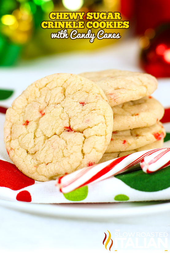 title text (shown on a polka dot fabric napkin): Chewy Crinkle Cookies with Candy Canes