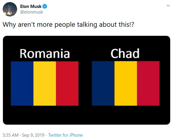 Твит Илона Маска о флагах Румынии и Чада