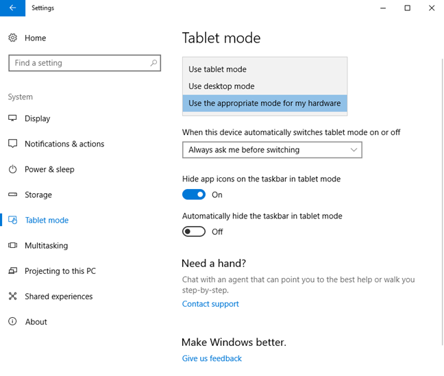 Windows 10, menu Démarrer, mode tablette, plein écran