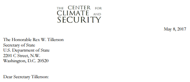 Letter to U.S. Secretary of State Rex Tillerson from The Center for Climate and Security asking him to remain firm in his support for combating global warming as the Trump administration considers exiting the Paris climate accord. Graphic: The Center for Climate and Security