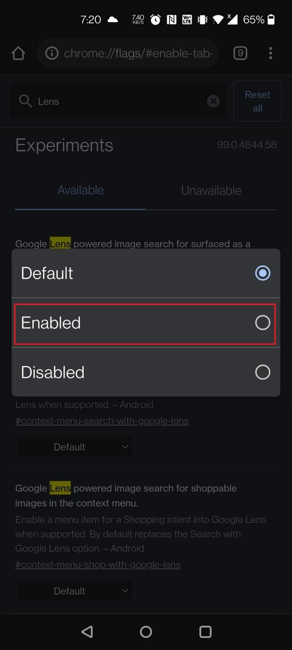 Elija Habilitado en la búsqueda de imágenes impulsada por Google Lens en el menú contextual