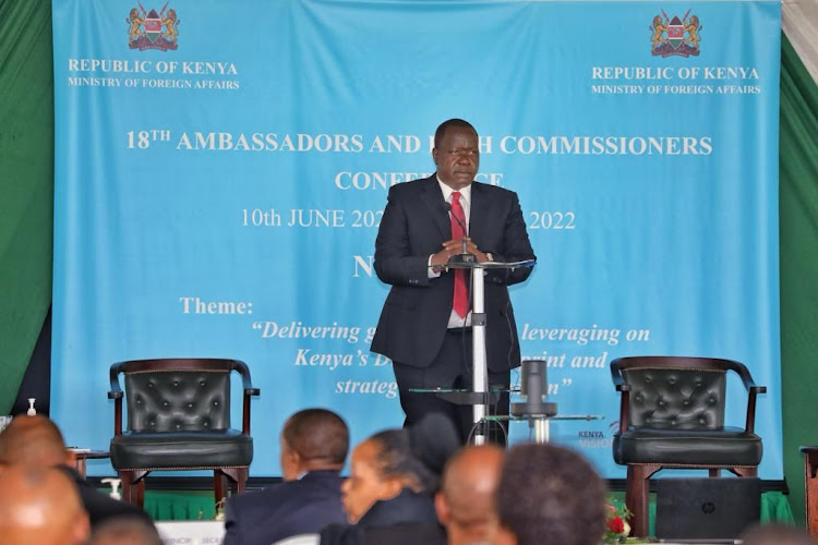 Interior CS Fred Matiang’i addressing a conference of Kenyan diplomats on security preparedness for elections at the Windsor hotel in Nairobi on Thursday, June 15,2022.