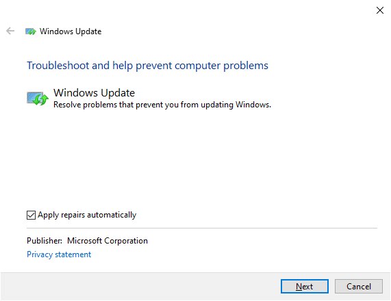 Maintenant, assurez-vous que la case "Appliquer les réparations automatiquement" est cochée et cliquez sur Suivant.  Installation de Windows 10 bloquée Fall Creators Update