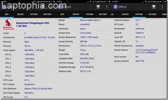 Benchmark Xiaomi Redmi Note 3 CPU-Z