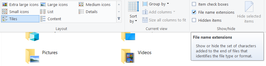 Klikněte na kartu Zobrazit a zaškrtněte Přípony názvů souborů