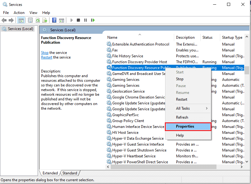 Fare clic con il pulsante destro del mouse sul servizio FDResPub di pubblicazione delle risorse di rilevamento delle funzioni e selezionare Proprietà.  Correggi i computer che non vengono visualizzati in rete in Windows 10