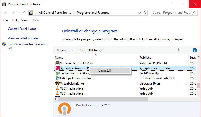 Disinstallare il driver del dispositivo di puntamento Synaptics dal pannello di controllo