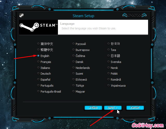 chọn ngôn ngữ cho Steam