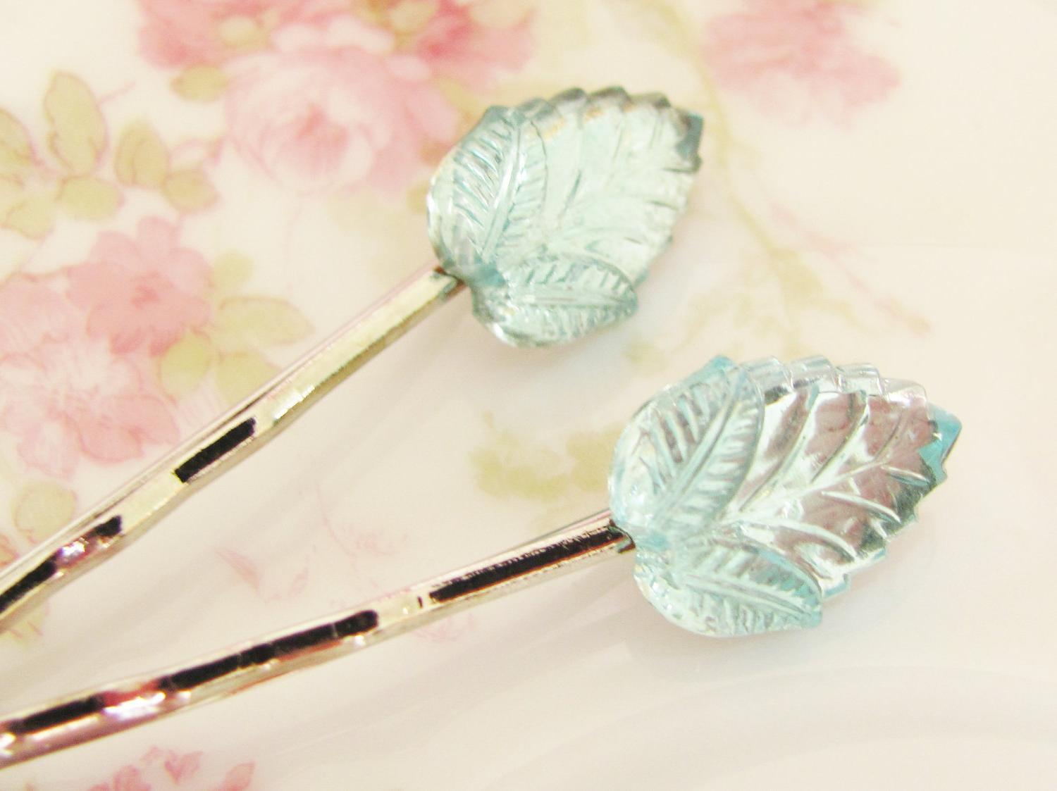 Vintage Petite Aqua Blue Glass Leaf Silver Bobby Pin Pair