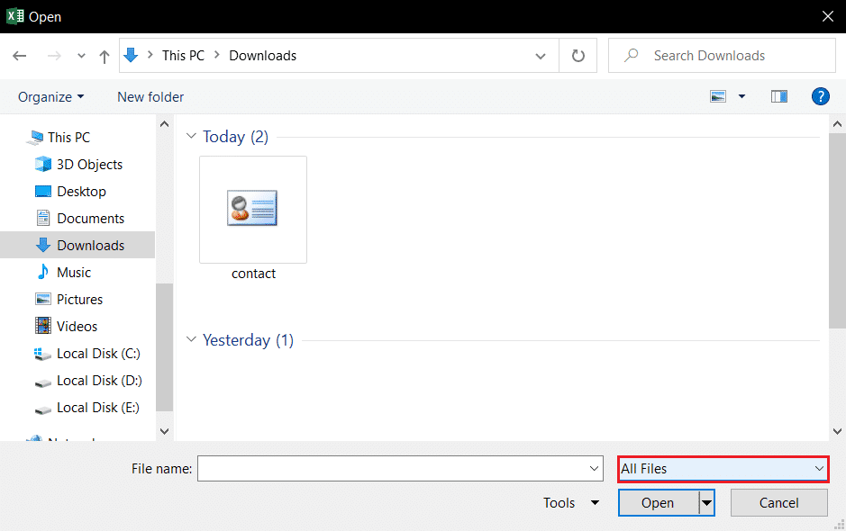 すべてのファイルを表示して、msExcelでvcfファイルを開きます