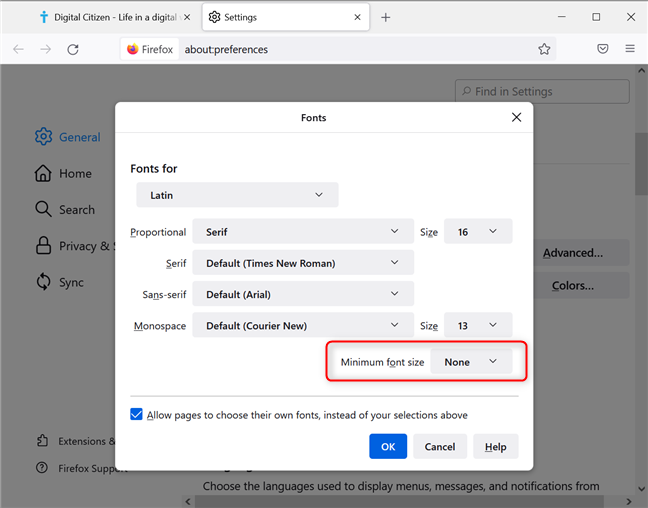 ตั้งค่าขนาดตัวอักษรขั้นต่ำใน Mozilla Firefox