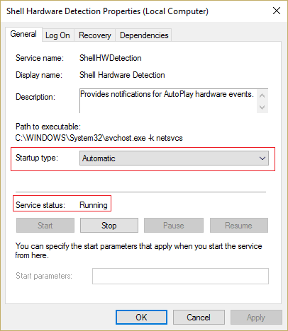 Asegúrese de que el tipo de inicio del servicio de detección de hardware de Shell esté configurado en Automático y haga clic en Iniciar