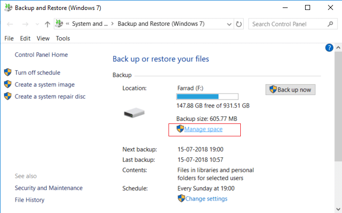 ภายใต้หน้าต่าง Backup and Restore (Windows 7) ให้คลิกที่ Manage space ภายใต้ Backup