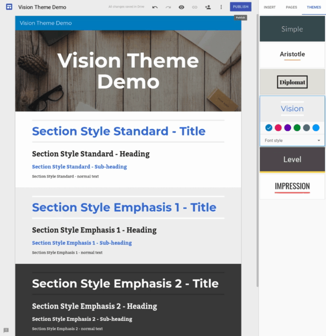 new google site vision theme color problem not working google