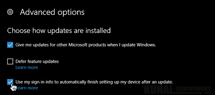 Windows 10 Advance Update settings to sign in automatically after update (www.kunal-chowdhury.com)