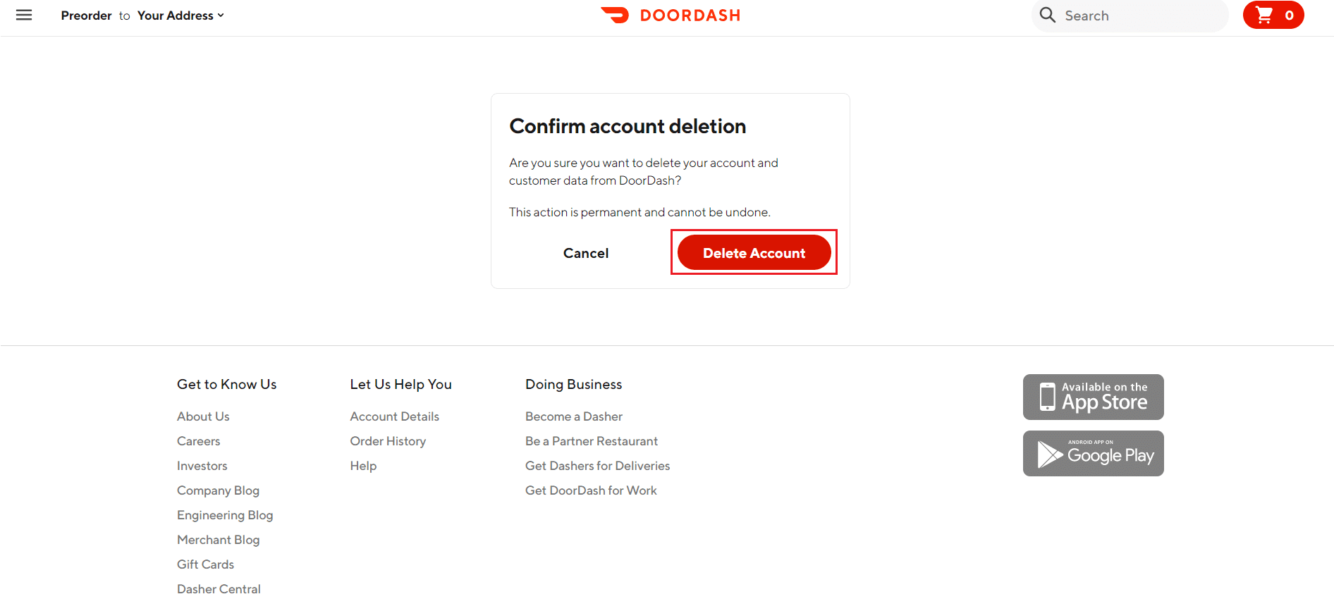 haga clic en eliminar cuenta para confirmar la eliminación de la cuenta en el sitio web de DoorDash