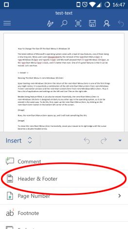 Android, Microsoft Word, แทรก, ท้ายกระดาษ, ส่วนหัว, หมายเลขหน้า, เอกสาร