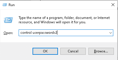 Typ control userpasswords2 en druk op Enter om het venster Gebruikersaccounts te openen.  Fix Windows 10 taakbalk flikkeren