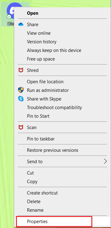 Fare clic con il tasto destro su Discord e selezionare Proprietà.  Come risolvere Discord Overlay non funzionante