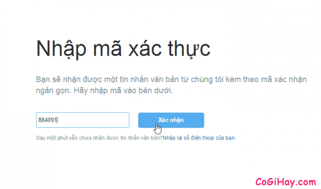 Điền mã xác nhận số điện thoại Twitter