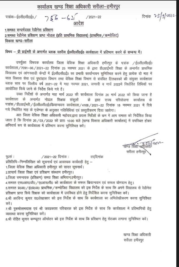 शिक्षा विभाग:- प्री-प्राइमरी के अन्तर्गत ब्लाक स्तरीय ई०सी०सी०ई० कार्यशाला में प्रतिभाग करने के सम्बन्ध में आदेश जारी