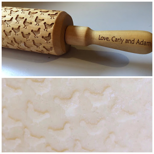 Rolling pin, embossed with chickens, chicken print dough 