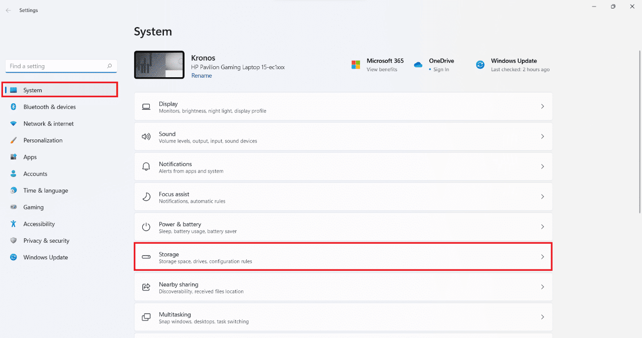 Opción de almacenamiento en la sección Sistema de la aplicación Configuración.  Cómo reparar el error 0x8007007f en Windows 11