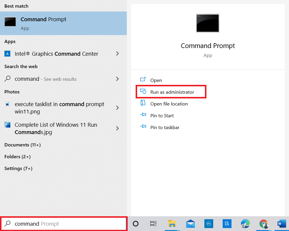 Typ Command Prompt in de Windows-zoekbalk en klik op Als administrator uitvoeren