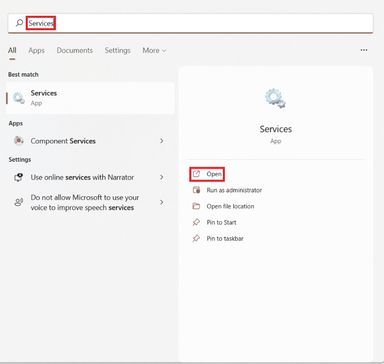 서비스에 대한 시작 메뉴 검색 결과입니다.  Windows 11에서 서비스를 활성화 또는 비활성화하는 방법