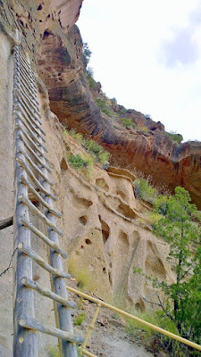 Bandelier National Monument, visiting Alcove House. After Long House Cliff Dwellings, it's an easy walk 1/2 mile walk to here, but once you are at Alcove House there is nothing to look at unless you brave the ladders - 140 feet of 4 steep ladders to reach an alcove area.